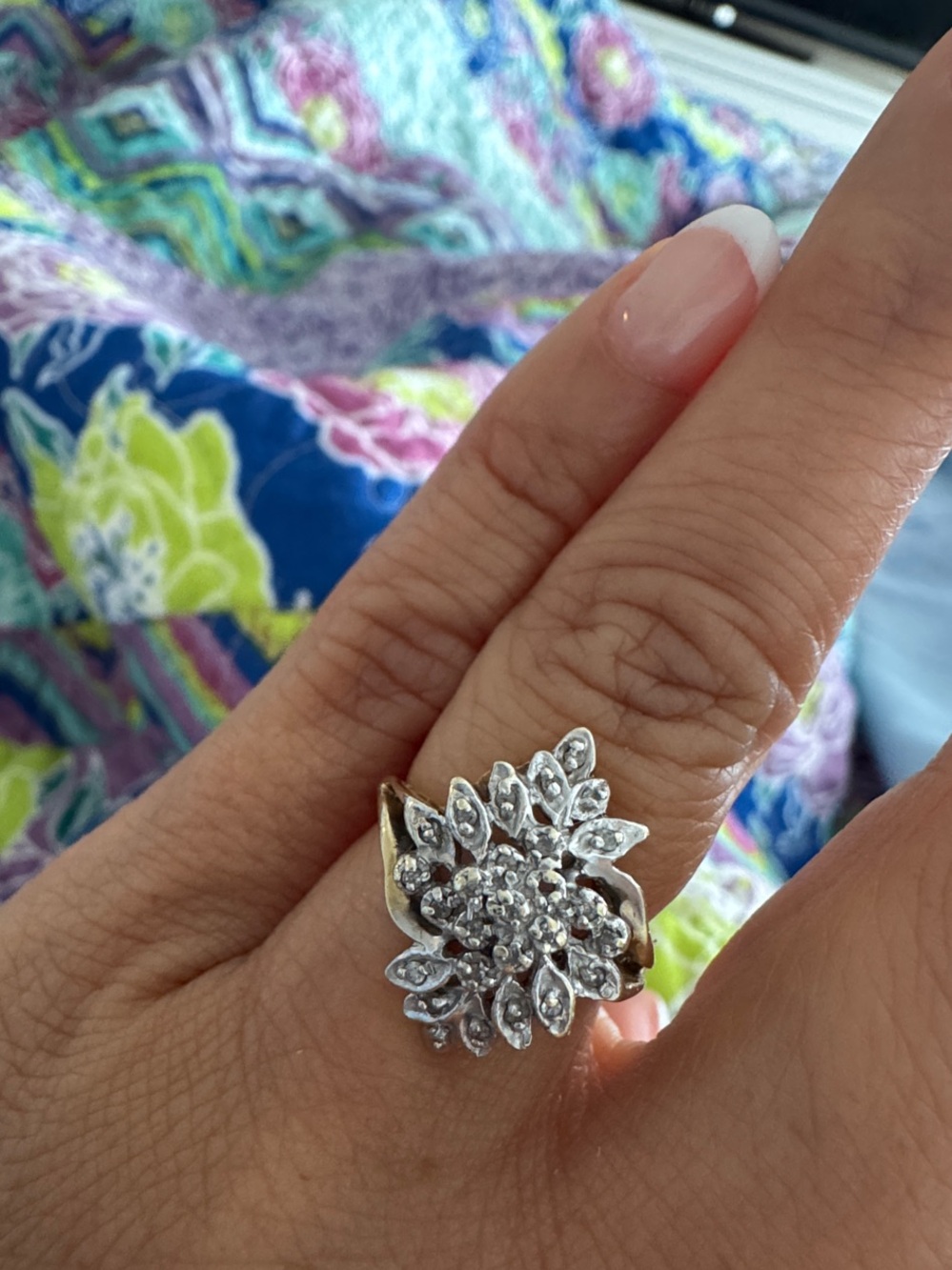 Gold and white gold Floral Cluster Ring with tiny diamond - Women's Jewelry